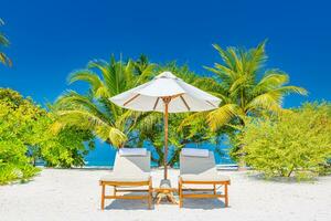 Amazing beach. Romantic chairs umbrella on sandy beach palm leaves, sun sea sky. Summer holiday, couples vacation. Love happy tropical landscape. Tranquil island coast relax beautiful landscape design photo