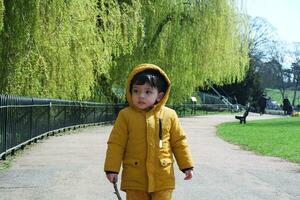 Cute Asian Pakistani Baby Ahmed Mustafain Haider is Enjoying The Beautiful Sunny Day at Wardown Public Park of Luton Town of England UK. Image Was Captured on 03-April-2023 photo