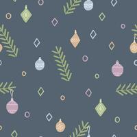 Seamless pattern with Christmas tree toys and twigs on a dark background. Hand-drawn vector illustration