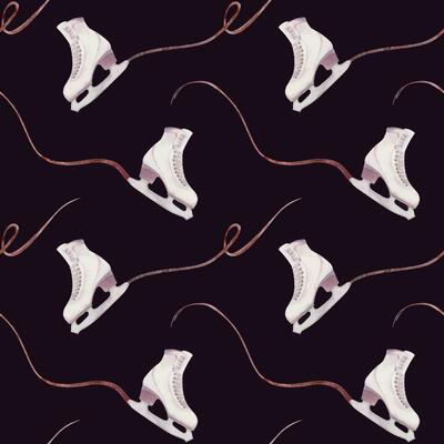 Hand drawn watercolor figure skating boots, winter sports gear, ice trail swirl glitter. Illustration isolated seamless pattern, dark background. Design for poster, print, website, card, invitation
