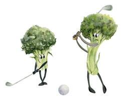 Hand drawn watercolor cute broccoli character playing golf, swinging club to hit the ball. Fitness health. Illustration isolated composition, white background. Design poster, print, website, card, gym vector