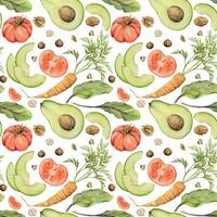 Hand drawn watercolor vegetables, salad and nuts mix for diet, healthy lifestyle, vegan cooking. Illustration seamless pattern isolated on white background. Design poster, print, website, card, menu. vector