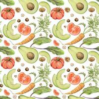 Hand drawn watercolor vegetables, salad and nuts mix for diet, healthy lifestyle, vegan cooking. Illustration seamless pattern isolated on white background. Design poster, print, website, card, menu. vector