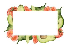 Hand drawn watercolor green avocado, tomato vegetable diet healthy lifestyle, vegan cooking. Illustration rectangular border frame isolated white background. Design poster, print, website, card, menu vector