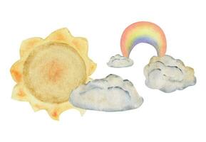 Watercolor hand drawn illustration, magical cosmos universe sun, clouds and rainbow in sky. Composition Isolated on white background, textured effect. For kids, children bedroom, fabric, linens print vector