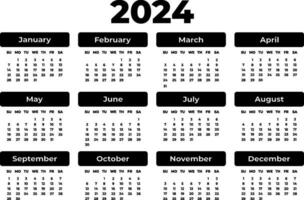 Horizontal rectangular black calendar for 2024 year. White background. Isolated vector image. Illustration bold template for design, planner