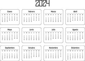 Horizontal Spanish black calendar for 2024 year. White background. Isolated vector image. Illustration thin template for design, planner