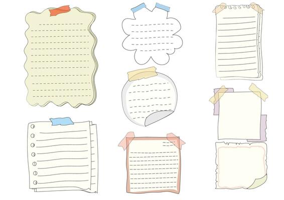 Paper note set.Blank notes with tape and stickers.Notebook collection with curled corners. Adhesive Note,