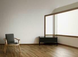 AI generated modern room with chair and big windows, built in minimal room tone, oak modern couch. AI Generated. photo