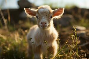 AI generated Cute Little baby goat in the field AI Generated photo