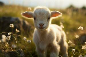 ai generado linda pequeño bebé cabra en el campo ai generado foto