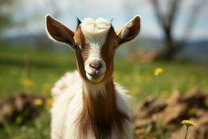 AI generated Cute Little baby goat in the field AI Generated photo