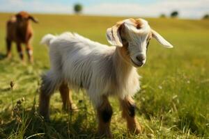 ai generado linda pequeño bebé cabra en el campo ai generado foto