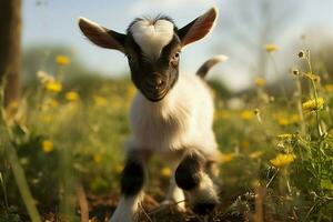 ai generado linda pequeño bebé cabra en el campo ai generado foto