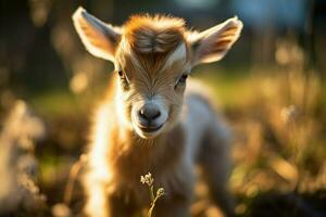 ai generado linda pequeño bebé cabra en el campo ai generado foto