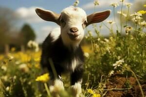 ai generado linda pequeño bebé cabra en el campo ai generado foto