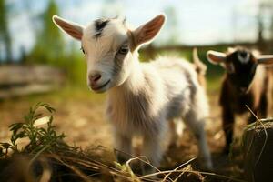 ai generado linda pequeño bebé cabra en el campo ai generado foto