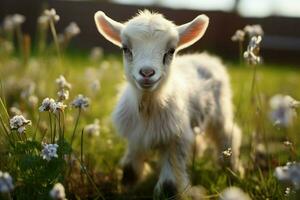 ai generado linda pequeño bebé cabra en el campo ai generado foto