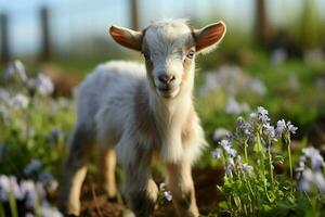 ai generado linda pequeño bebé cabra en el campo ai generado foto