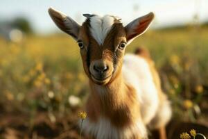 ai generado linda pequeño bebé cabra en el campo ai generado foto