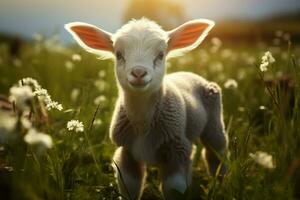 ai generado linda pequeño bebé cabra en el campo ai generado foto