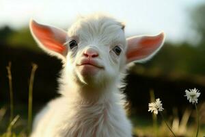 ai generado linda pequeño bebé cabra en el campo ai generado foto