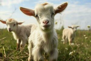 ai generado linda pequeño bebé cabra en el campo ai generado foto