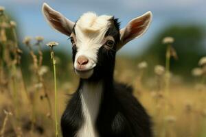 ai generado linda pequeño bebé cabra en el campo ai generado foto