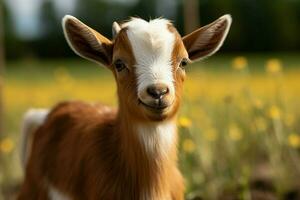 AI generated Cute Little baby goat in the field AI Generated photo