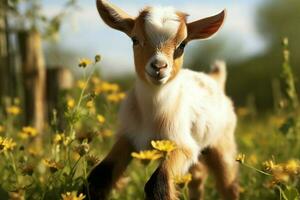 ai generado linda pequeño bebé cabra en el campo ai generado foto