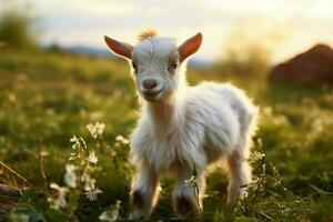 ai generado linda pequeño bebé cabra en el campo ai generado foto