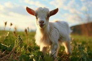 ai generado linda pequeño bebé cabra en el campo ai generado foto
