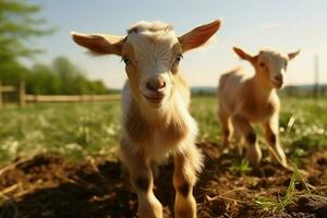 ai generado linda pequeño bebé cabra en el campo ai generado foto