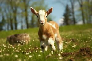 AI generated Cute Little baby goat in the field AI Generated photo