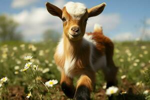 ai generado linda pequeño bebé cabra en el campo ai generado foto