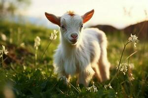 ai generado linda pequeño bebé cabra en el campo ai generado foto