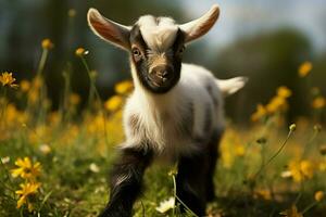 AI generated Cute Little baby goat in the field AI Generated photo