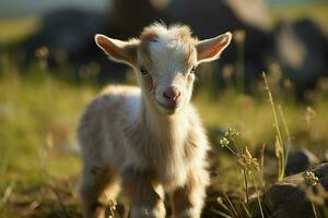 AI generated Cute Little baby goat in the field AI Generated photo