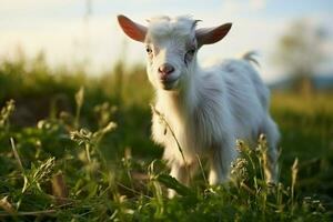 AI generated Cute Little baby goat in the field AI Generated photo