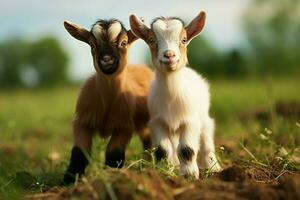 ai generado linda pequeño bebé cabra en el campo ai generado foto