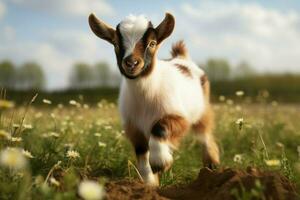 ai generado linda pequeño bebé cabra en el campo ai generado foto