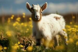 ai generado linda pequeño bebé cabra en el campo ai generado foto