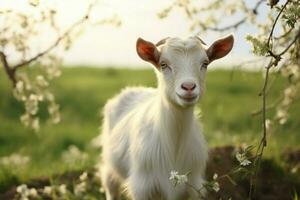 ai generado linda pequeño bebé cabra en el campo ai generado foto