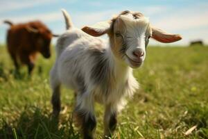 ai generado linda pequeño bebé cabra en el campo ai generado foto