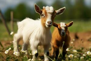 ai generado linda pequeño bebé cabra en el campo ai generado foto