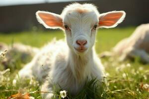 ai generado linda pequeño bebé cabra en el campo ai generado foto