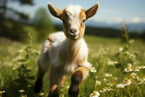 ai generado linda pequeño bebé cabra en el campo ai generado foto