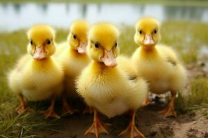 ai generado linda mullido pequeño pequeño amarillo patos ai generado foto