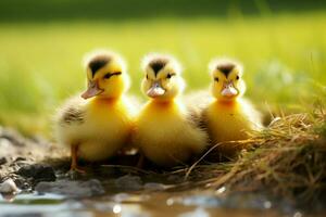 ai generado linda mullido pequeño pequeño amarillo patos ai generado foto