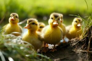 ai generado linda mullido pequeño pequeño amarillo patos ai generado foto